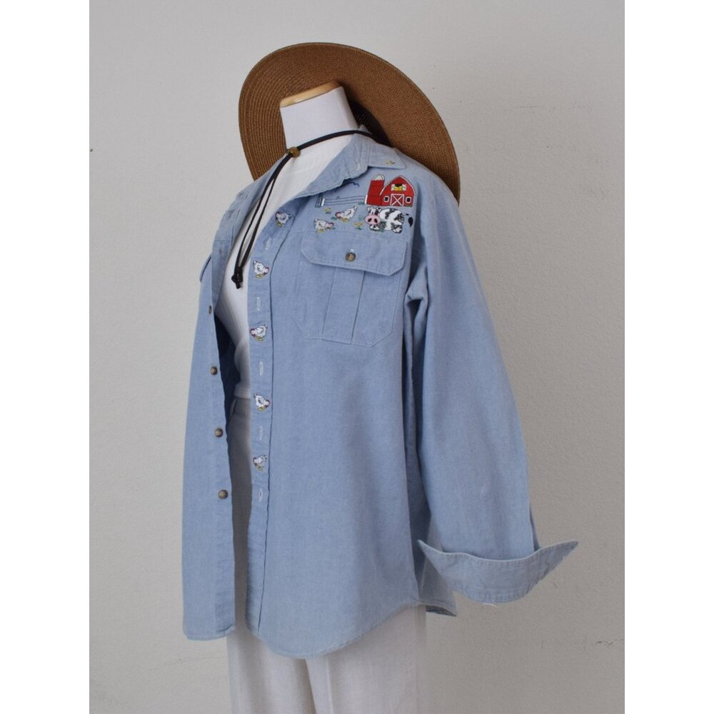 Vintage 80s/90s Blue Denim Embroidered Shirt Shacket | size M‎